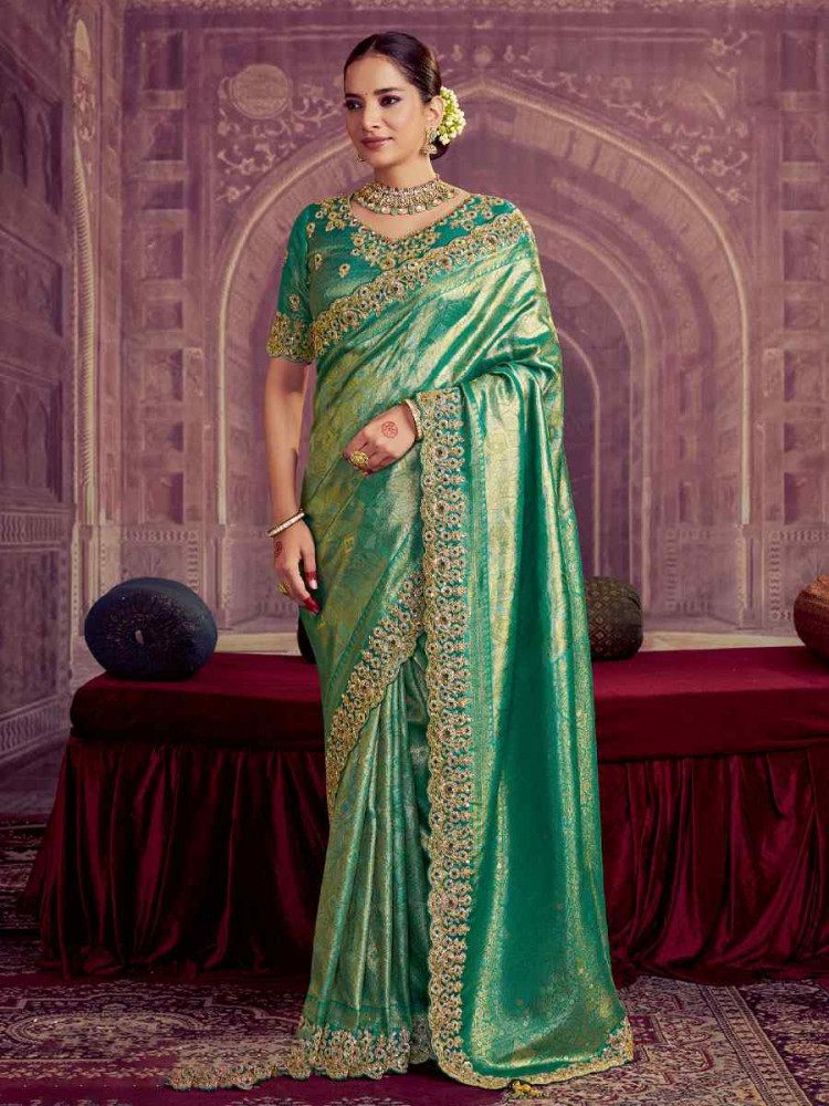 Image of Rama Kanjivaram Pure Zari Silk Embroidery Festival Wedding Fancy Classic Heavy Border Saree
