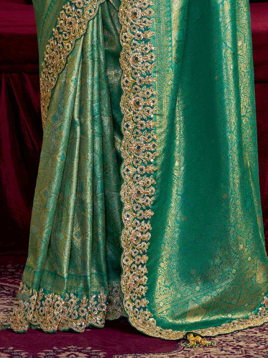 Rama Kanjivaram Pure Zari Silk Embroidery Festival Wedding Fancy Classic Heavy Border Saree