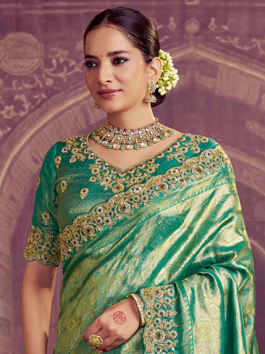 Rama Kanjivaram Pure Zari Silk Embroidery Festival Wedding Fancy Classic Heavy Border Saree