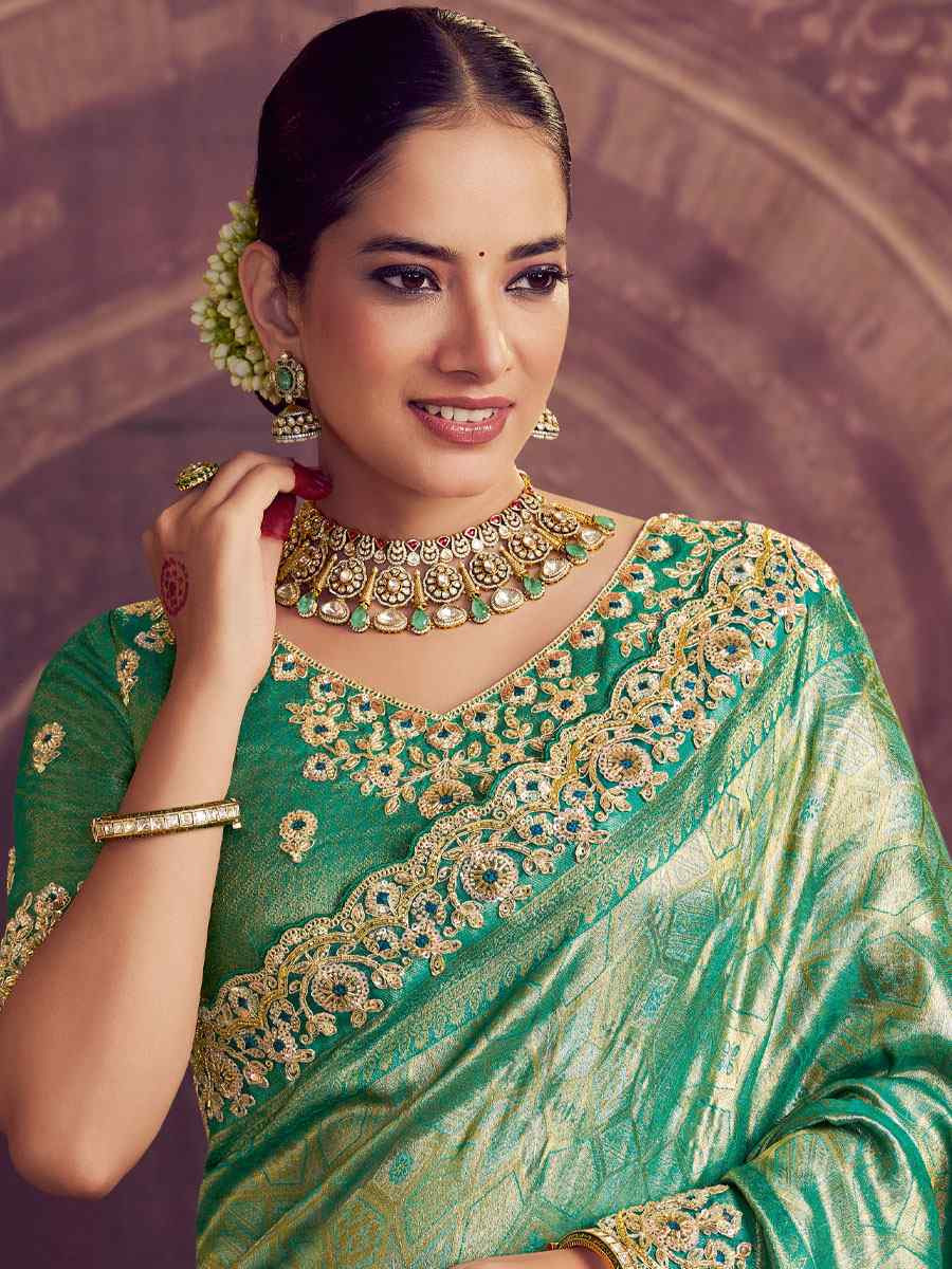 Rama Kanjivaram Pure Zari Silk Embroidery Festival Wedding Fancy Classic Heavy Border Saree