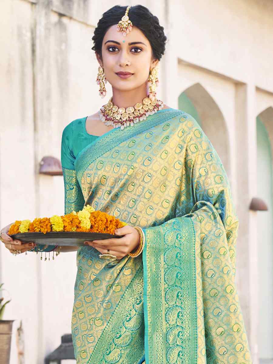 Rama Kanjivaram Silk Handwoven Wedding Festival Heavy Border Saree