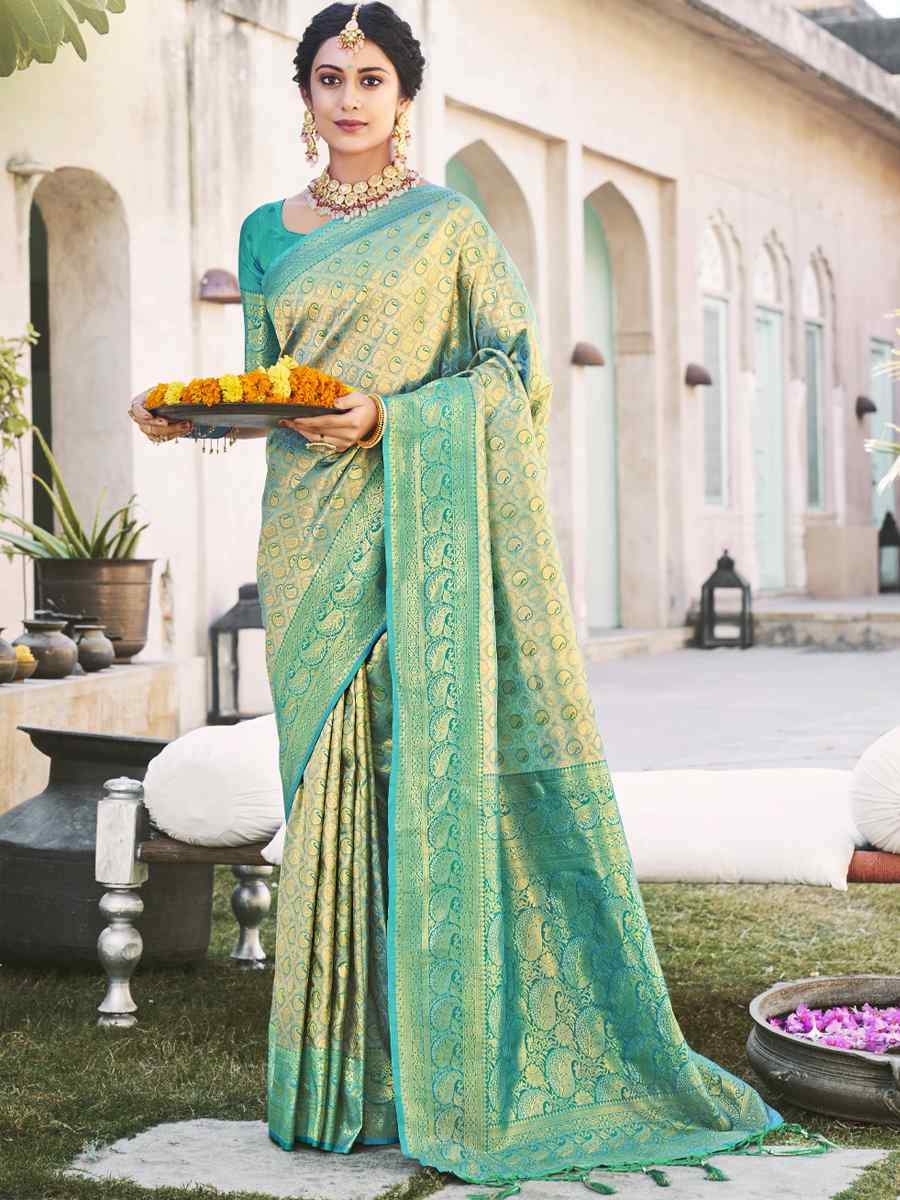 Rama Kanjivaram Silk Handwoven Wedding Festival Heavy Border Saree