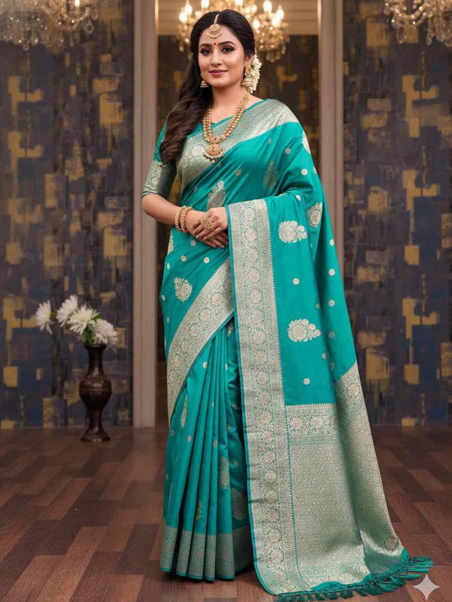Rama Kanjivaram silk Handwoven Zari Bridal Reception Festival Wedding Fancy Heavy Border Saree