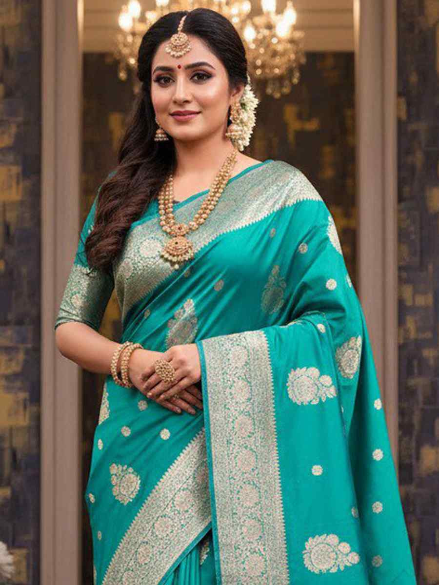 Rama Kanjivaram silk Handwoven Zari Bridal Reception Festival Wedding Fancy Heavy Border Saree