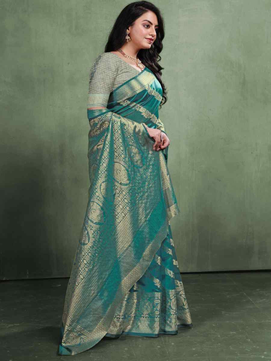 Rama Organza Silk Handwoven Zari Bridal Reception Festival Wedding Fancy Heavy Border Saree