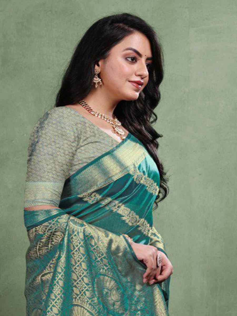 Rama Organza Silk  Handwoven Zari Bridal Reception Festival Wedding Fancy Heavy Border Saree