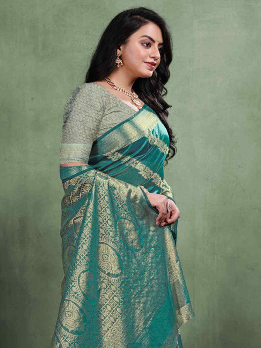 Rama Organza Silk Handwoven Zari Bridal Reception Festival Wedding Fancy Heavy Border Saree