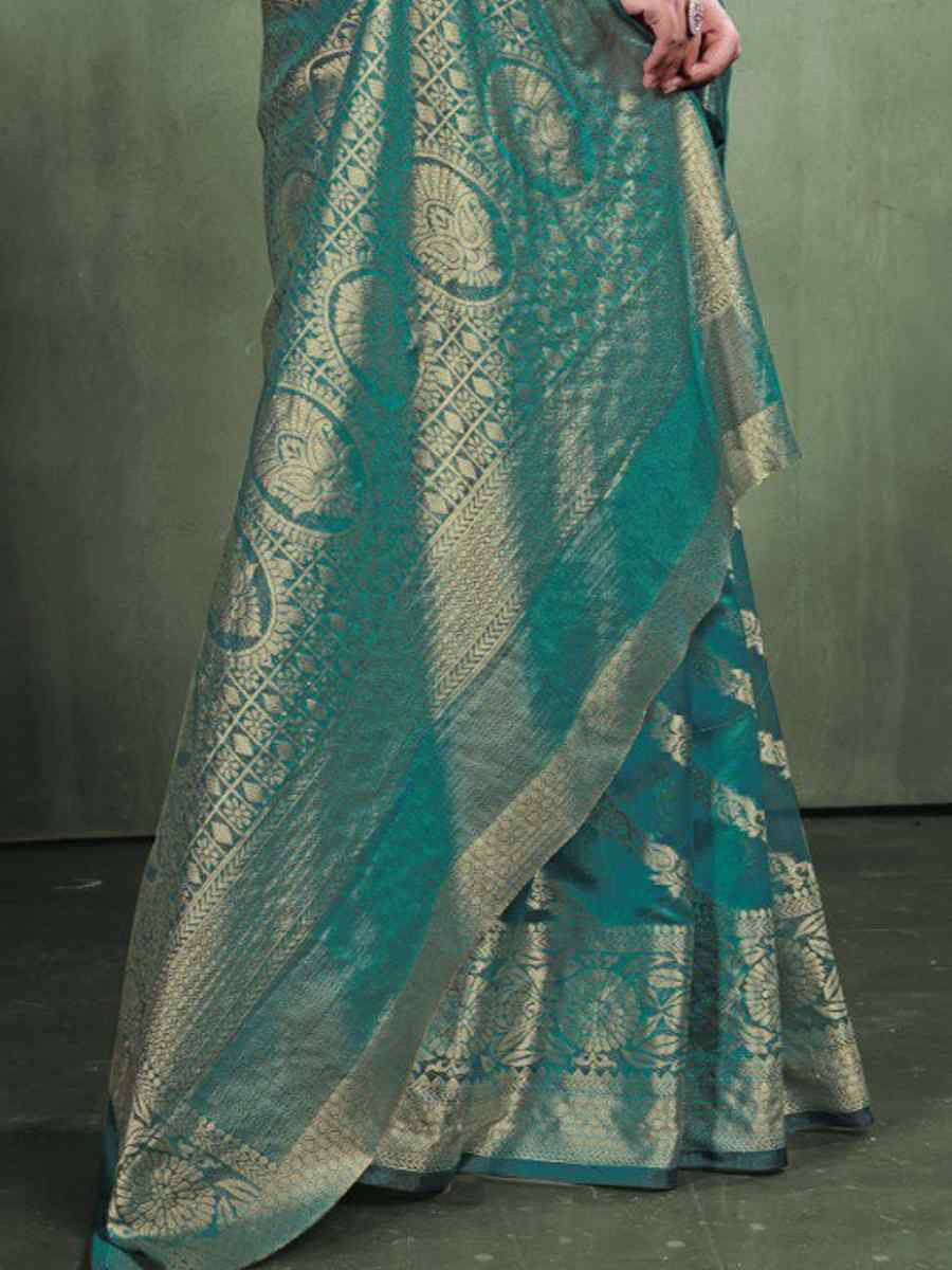 Rama Organza Silk  Handwoven Zari Bridal Reception Festival Wedding Fancy Heavy Border Saree