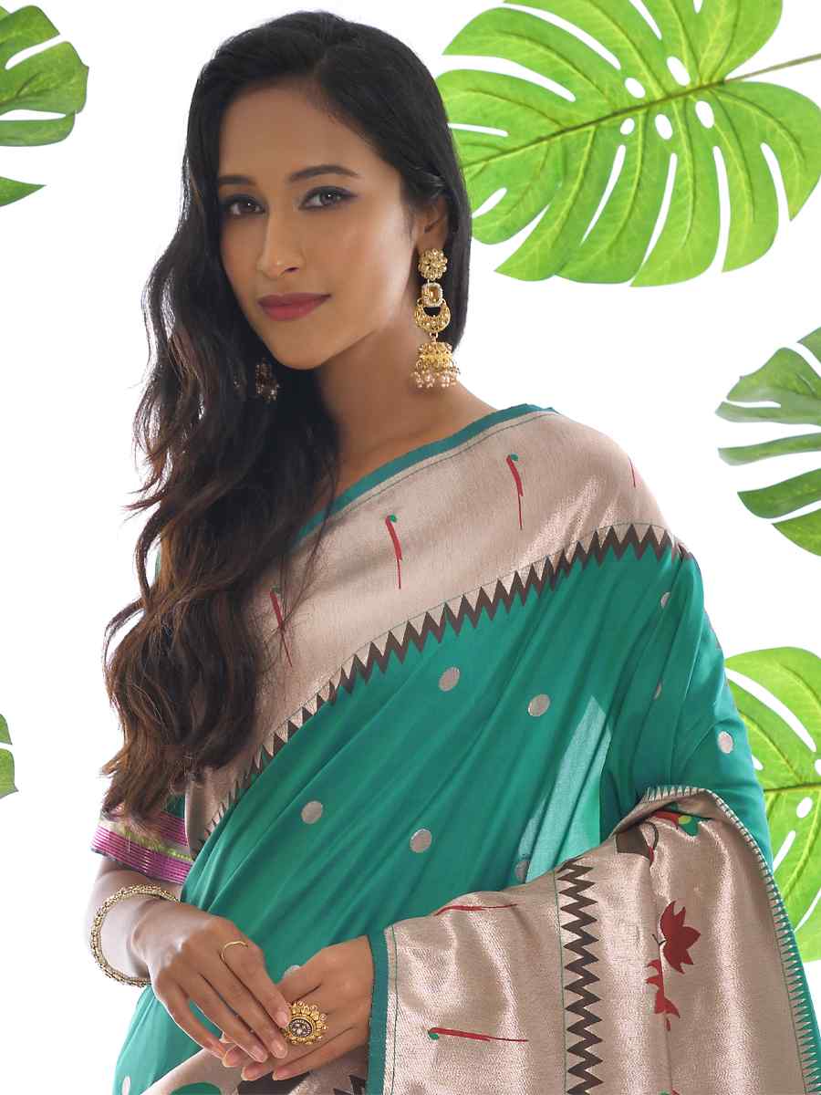 Rama Paithani Silk Handwoven Wedding Festival Heavy Border Saree