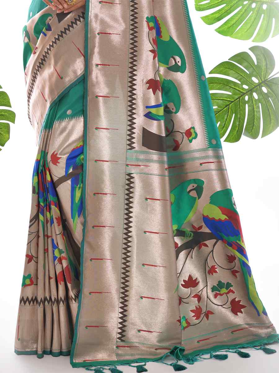 Rama Paithani Silk Handwoven Wedding Festival Heavy Border Saree
