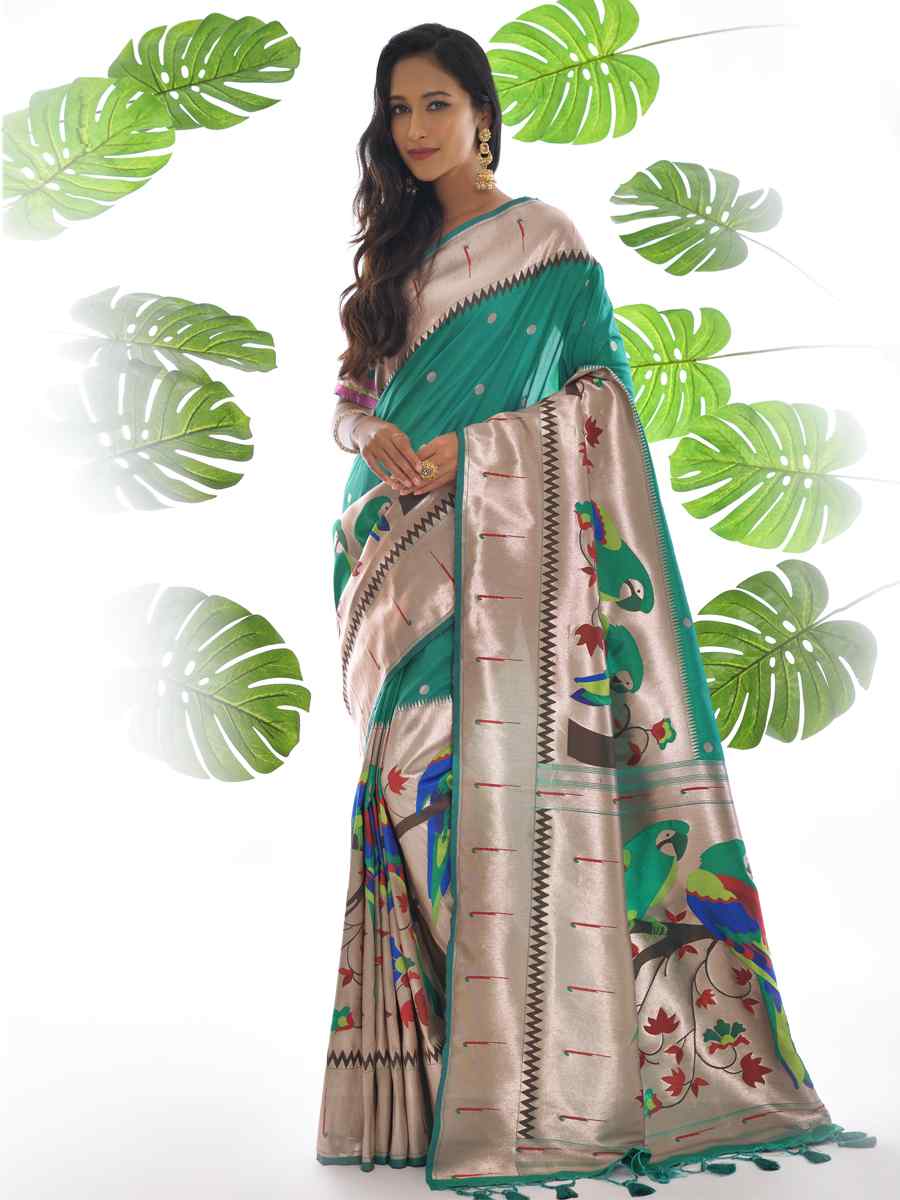 Rama Paithani Silk Handwoven Wedding Festival Heavy Border Saree