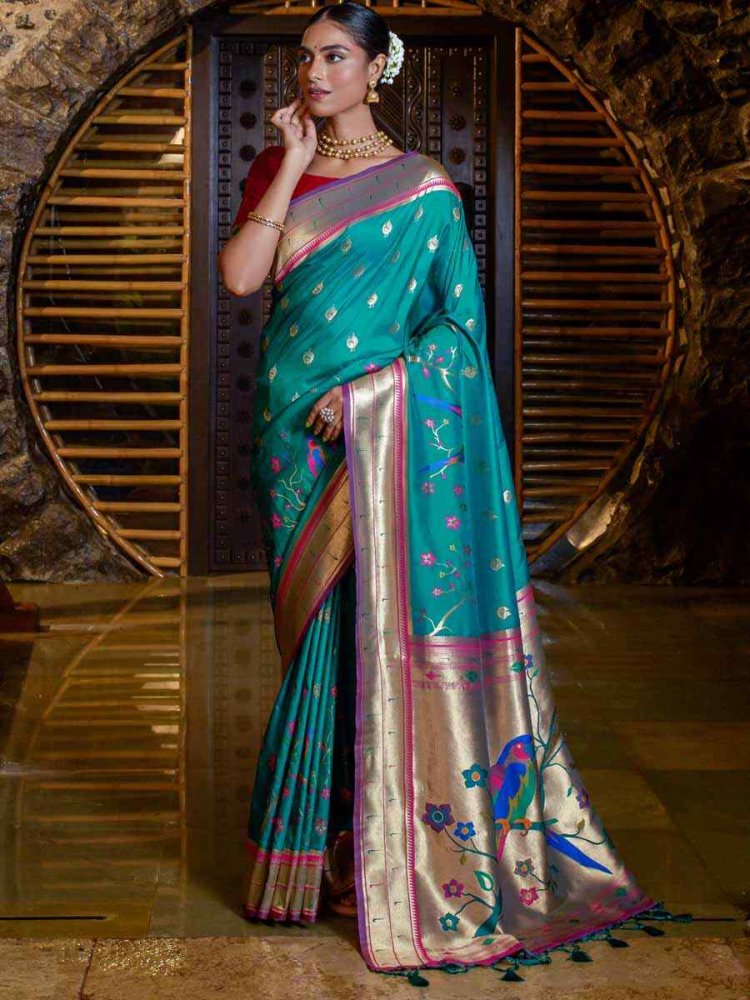 Rama Paithani Silk Handwoven Wedding Festival Heavy Border Saree