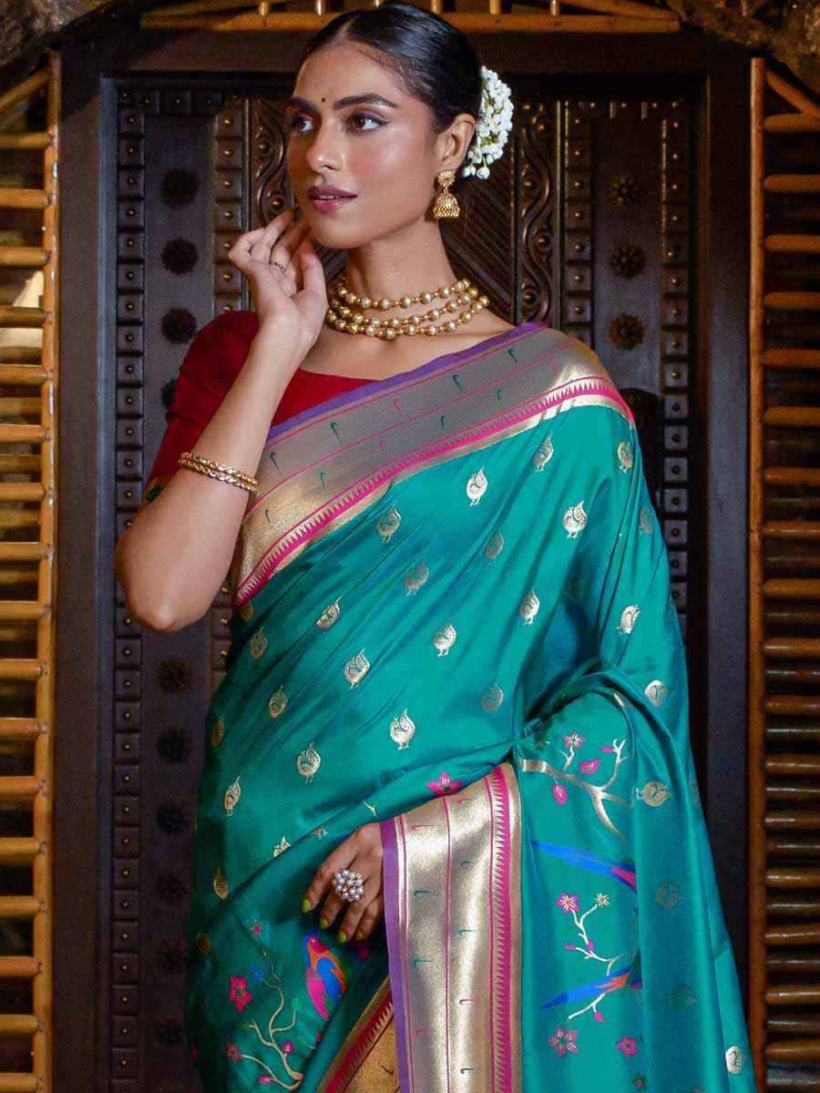 Rama Paithani Silk Handwoven Wedding Festival Heavy Border Saree