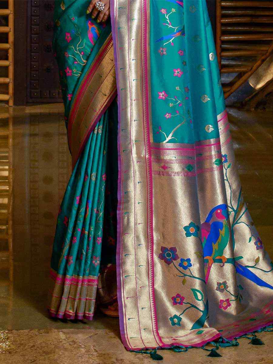 Rama Paithani Silk Handwoven Wedding Festival Heavy Border Saree