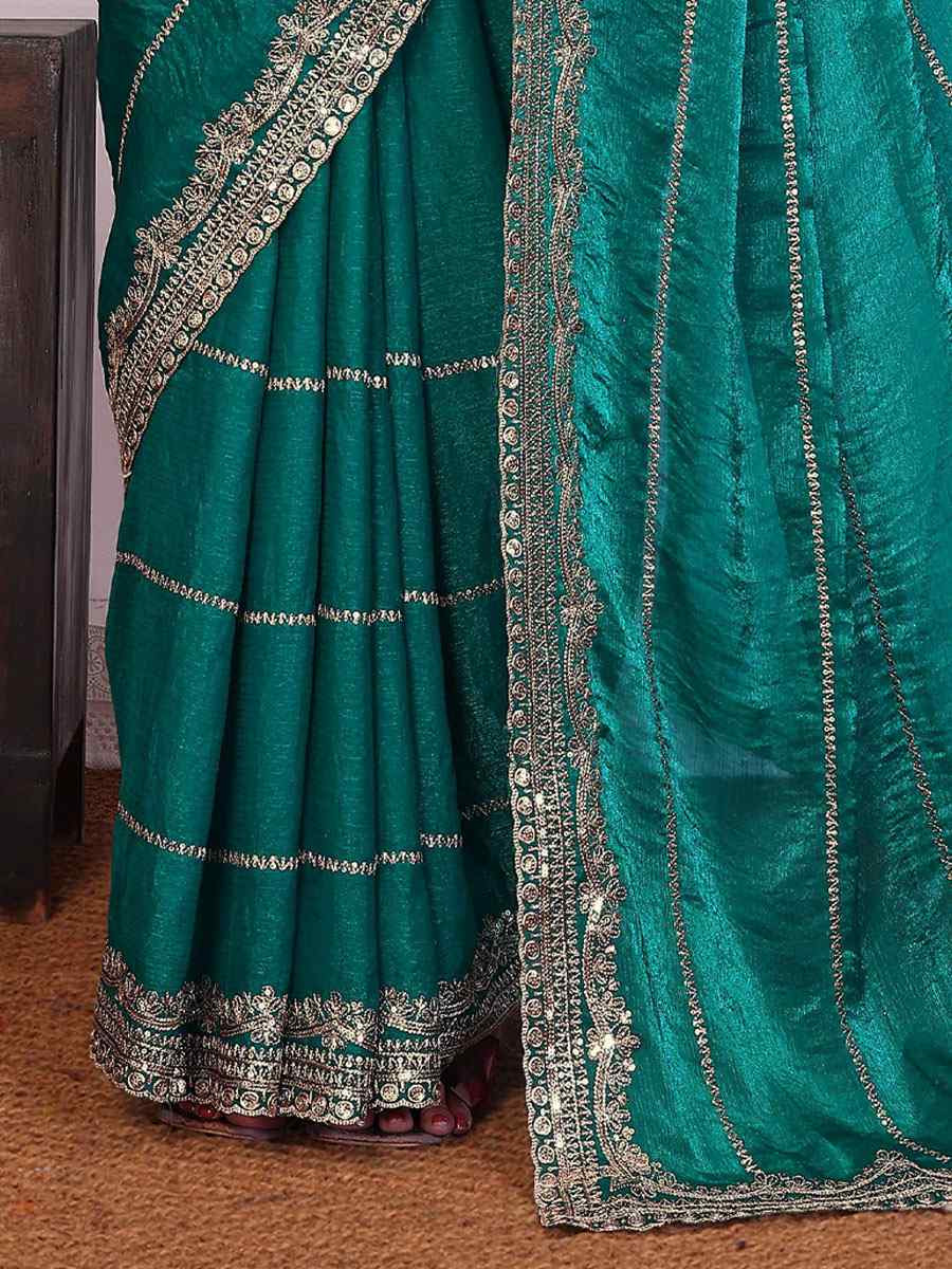 Rama Pure Chiffon Embroidery Festival Wedding Fancy Heavy Border Saree