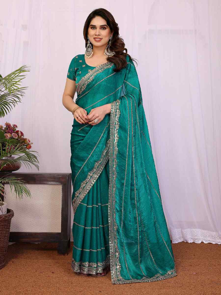Rama Pure Chiffon Embroidery Festival Wedding Fancy Heavy Border Saree