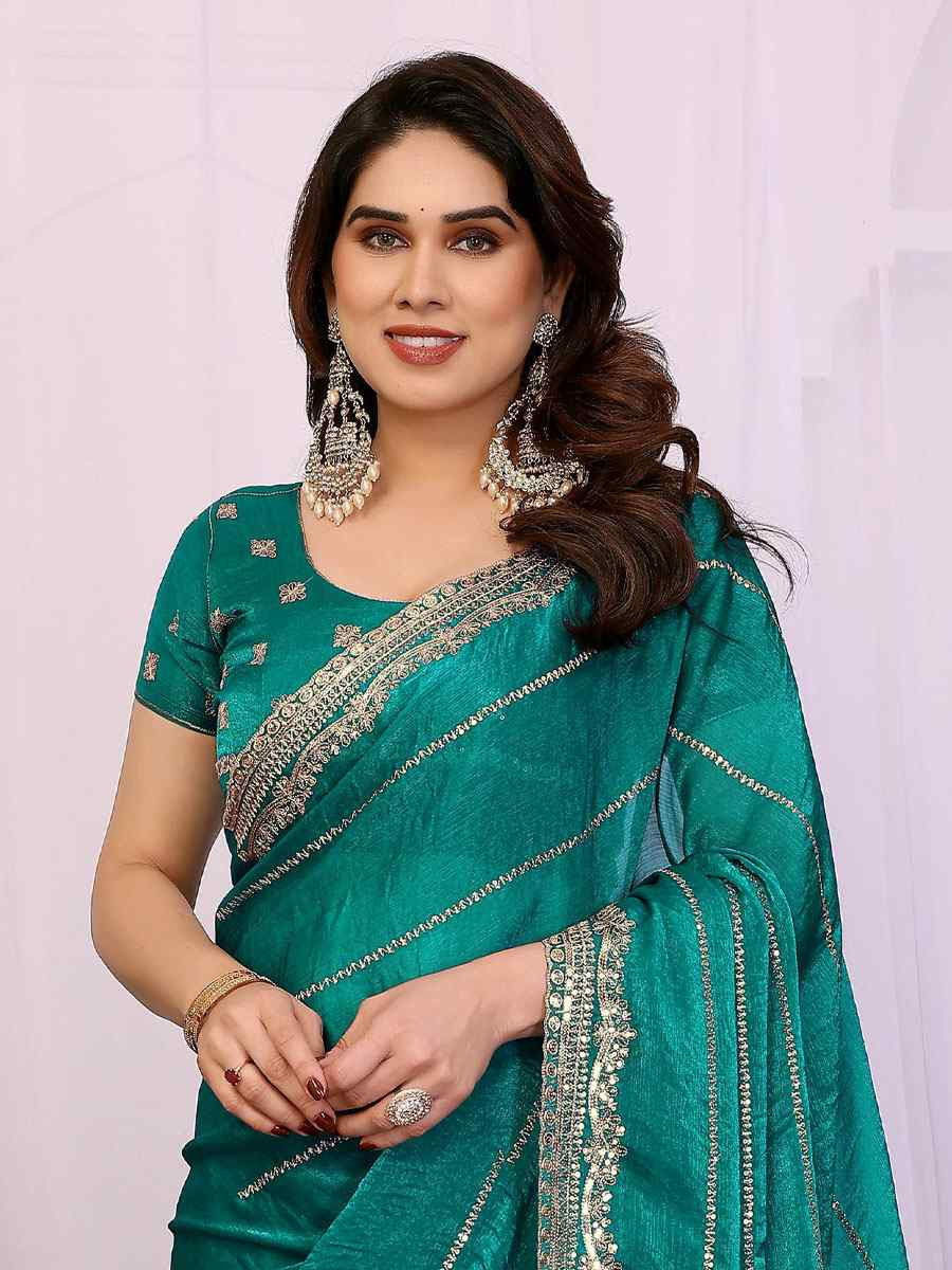 Rama Pure Chiffon Embroidery Festival Wedding Fancy Heavy Border Saree