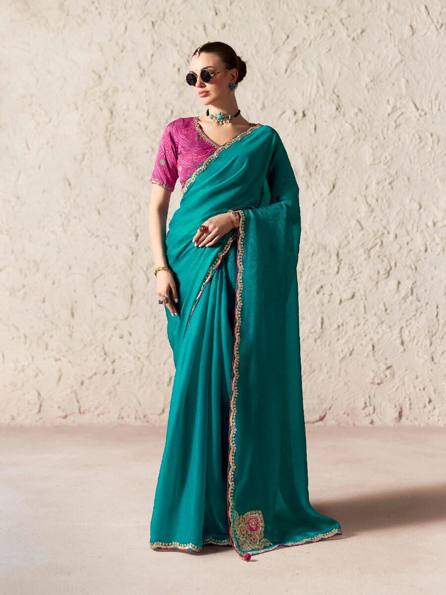Rama Pure Fancy Tissue Silk Zari Sequins Wedding Reception Party Festival Heavy Border Sarees