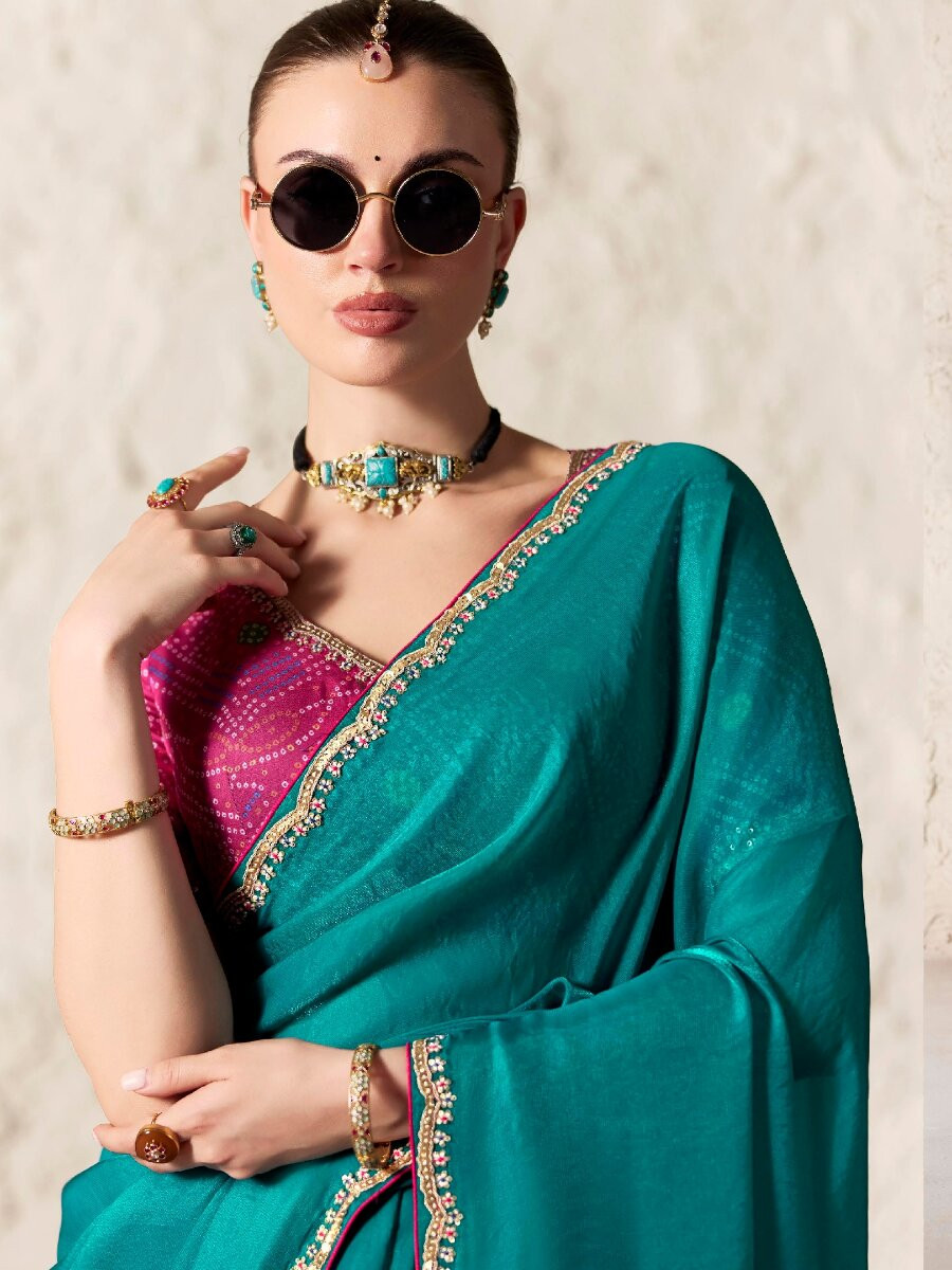 Rama Pure Fancy Tissue Silk Zari Sequins Wedding Reception Party Festival Heavy Border Sarees
