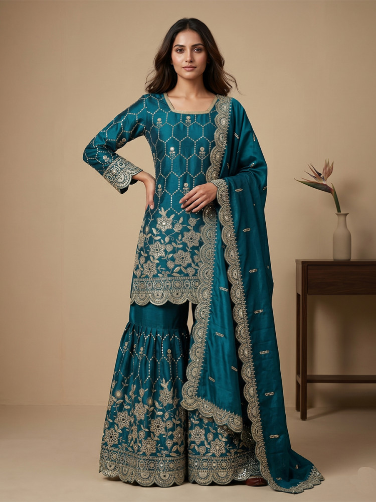 Image of Rama Pure Heavy Gmy Silk Embroidery Sequins Real Mirror Hand Work Wedding Party Festival Casual Ready Sharara Pant Salwar Kameez
