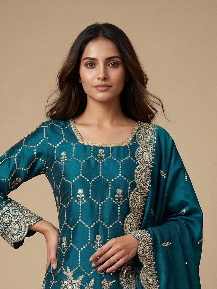Rama Pure Heavy Gmy Silk Embroidery Sequins Real Mirror Hand Work Wedding Party Festival Casual Ready Sharara Pant Salwar Kameez