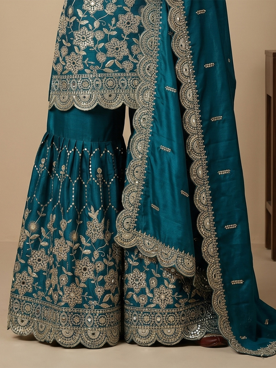Rama Pure Heavy Gmy Silk Embroidery Sequins Real Mirror Hand Work Wedding Party Festival Casual Ready Sharara Pant Salwar Kameez