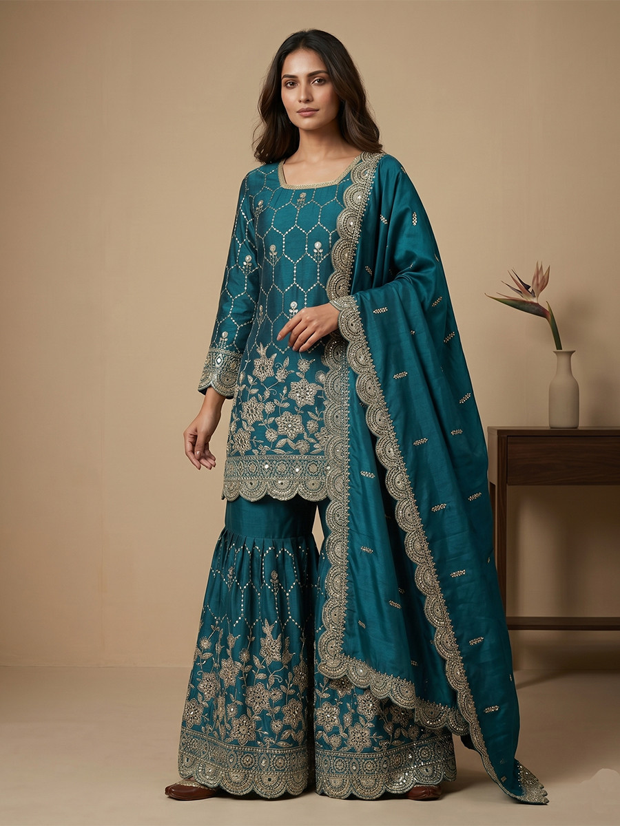 Rama Pure Heavy Gmy Silk Embroidery Sequins Real Mirror Hand Work Wedding Party Festival Casual Ready Sharara Pant Salwar Kameez