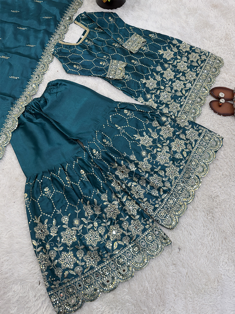 Rama Pure Heavy Gmy Silk Embroidery Sequins Real Mirror Hand Work Wedding Party Festival Casual Ready Sharara Pant Salwar Kameez