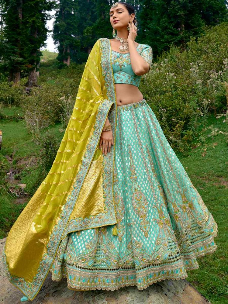 Rama Pure Raw Silk Embroidered Bridal Wedding Heavy Border Lehenga Choli