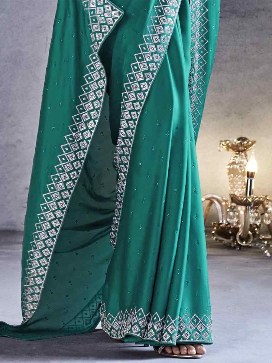 Rama Pure Satin Silk Embroidered Wedding Party Heavy Border Saree