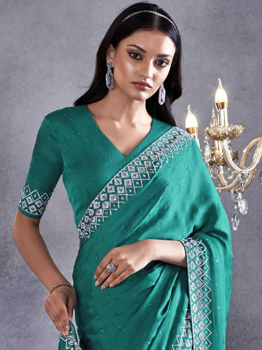 Rama Pure Satin Silk Embroidered Wedding Party Heavy Border Saree