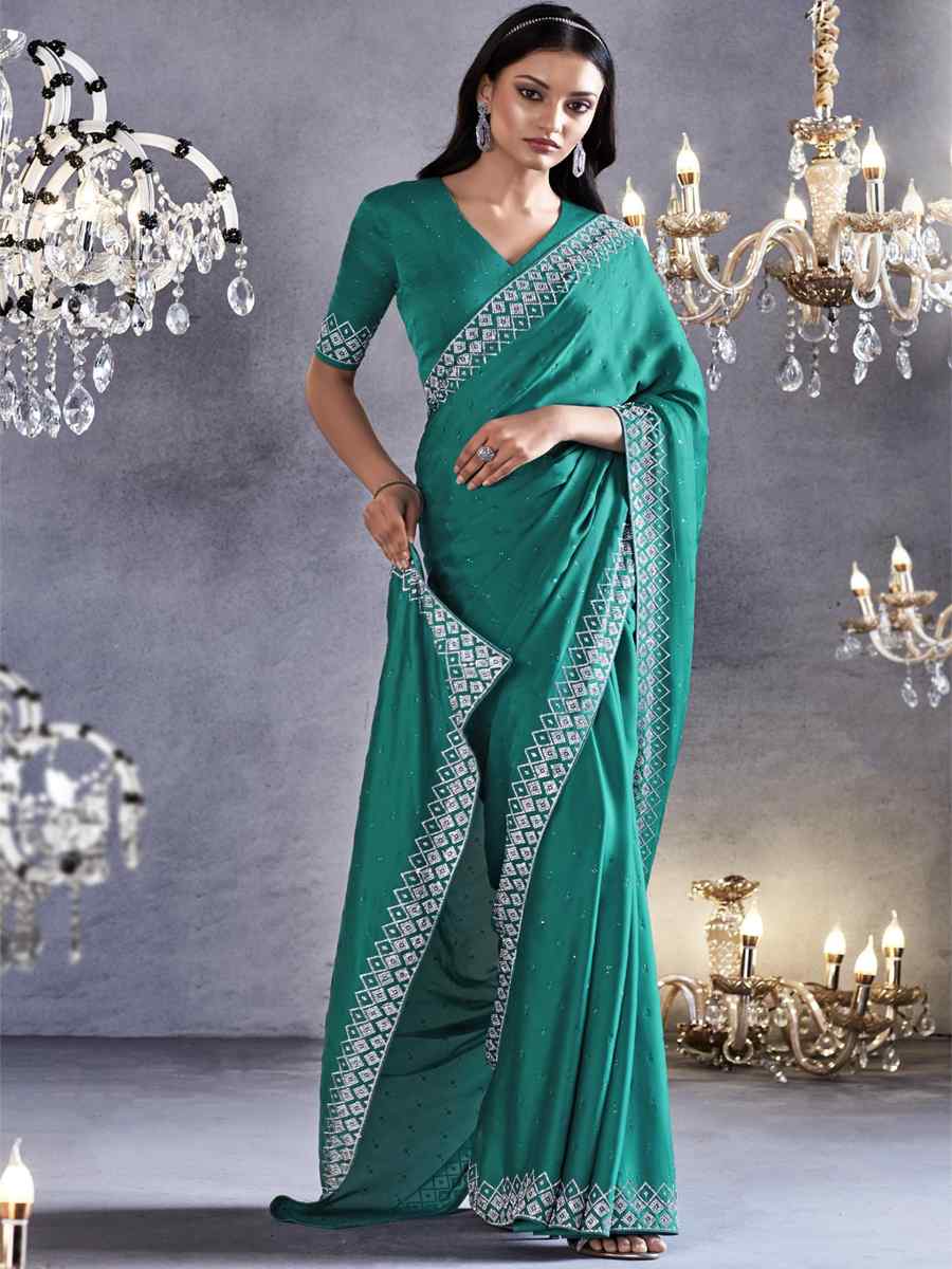 Rama Pure Satin Silk Embroidered Wedding Party Heavy Border Saree