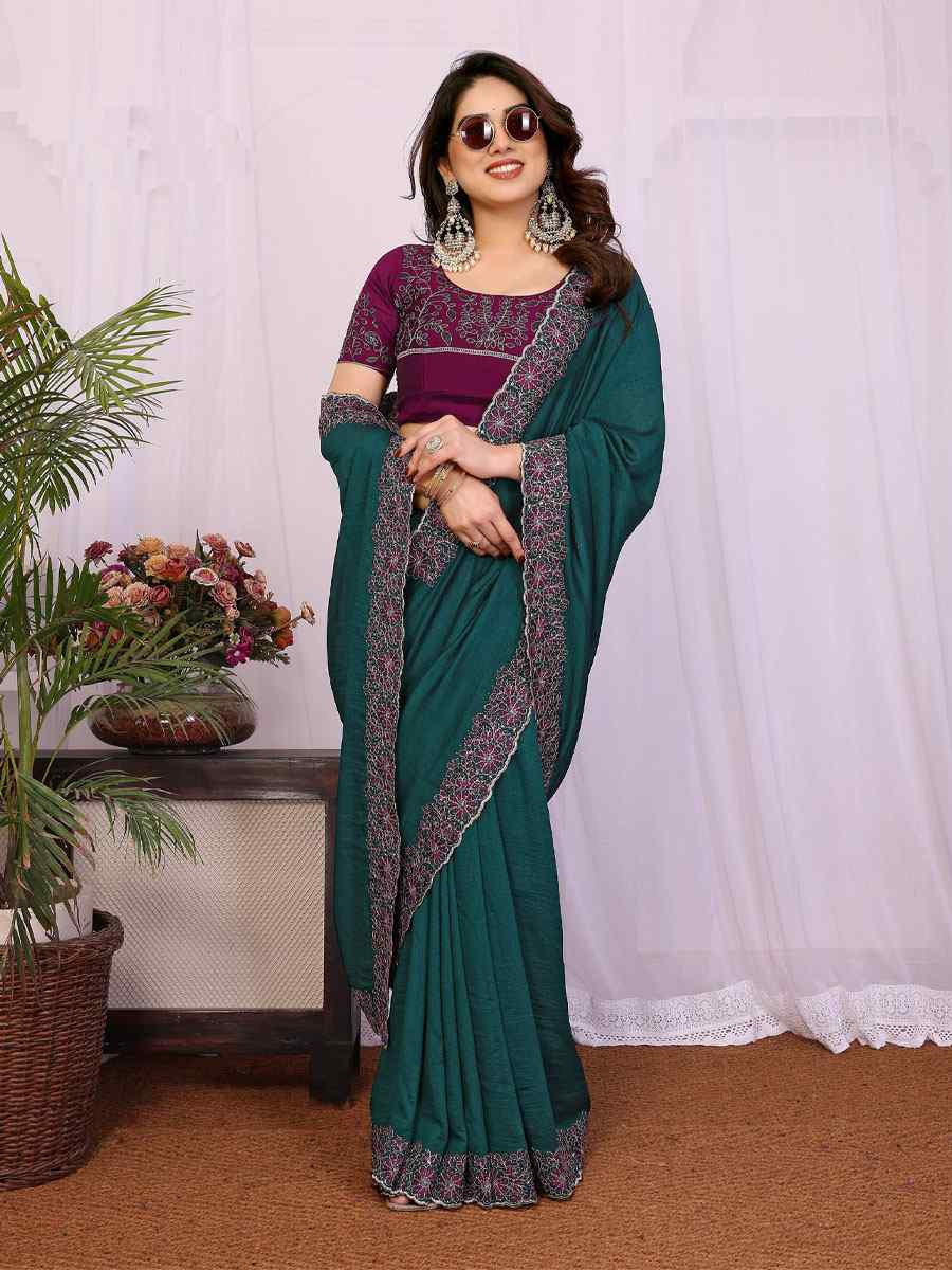 Rama Pure Vichitra Silk Embroidery Festival Wedding Fancy Heavy Border Saree