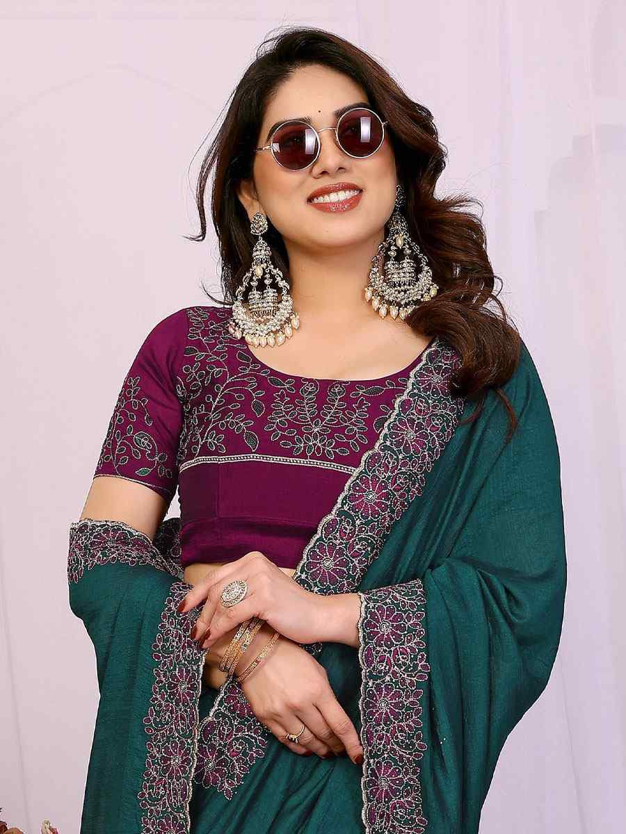 Rama Pure Vichitra Silk Embroidery Festival Wedding Fancy Heavy Border Saree