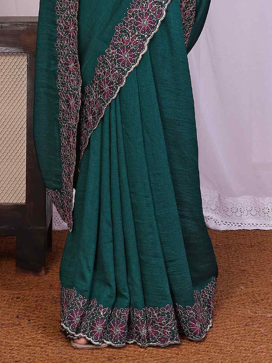 Rama Pure Vichitra Silk Embroidery Festival Wedding Fancy Heavy Border Saree