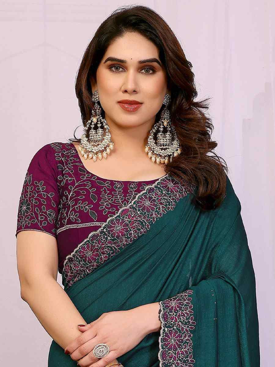 Rama Pure Vichitra Silk Embroidery Festival Wedding Fancy Heavy Border Saree