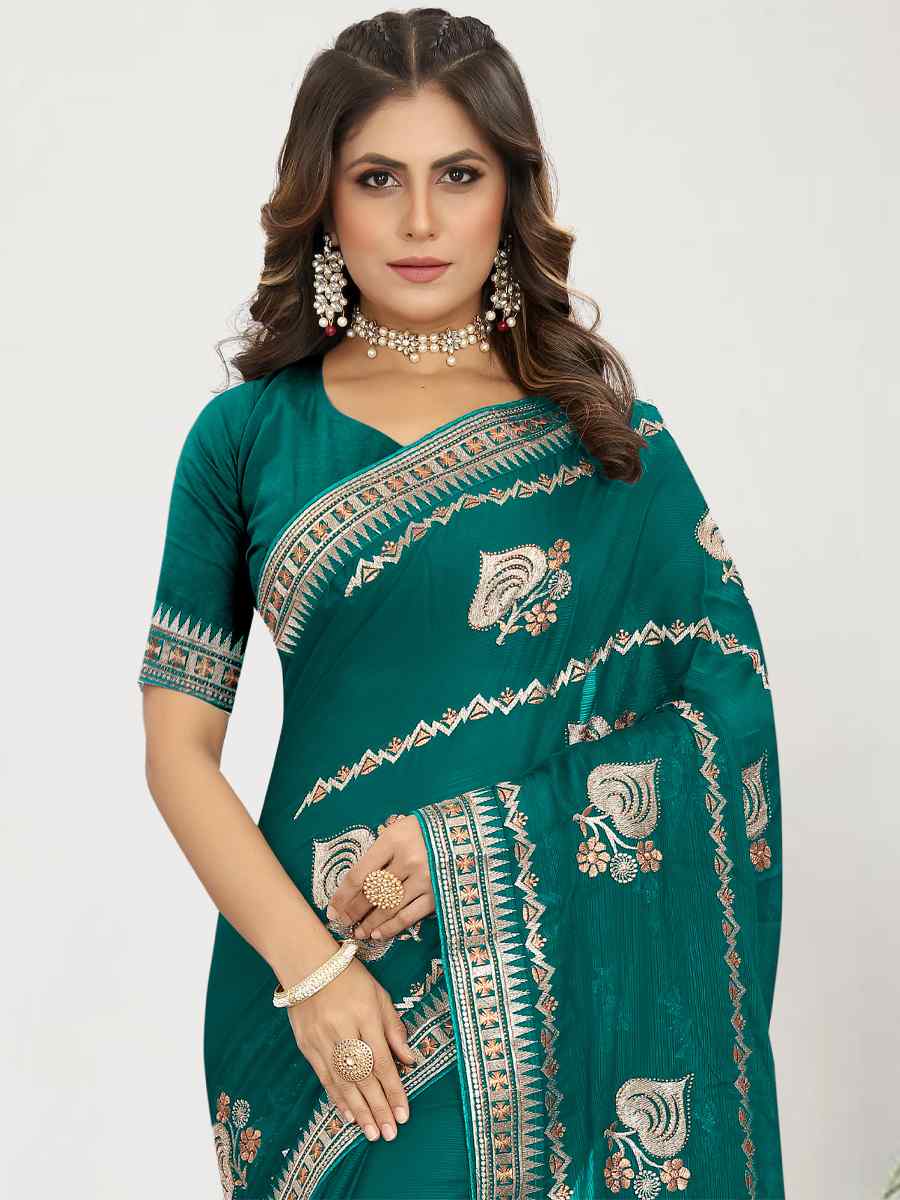 Rama Satin Chiffon Embroidered Wedding Festival Heavy Border Saree