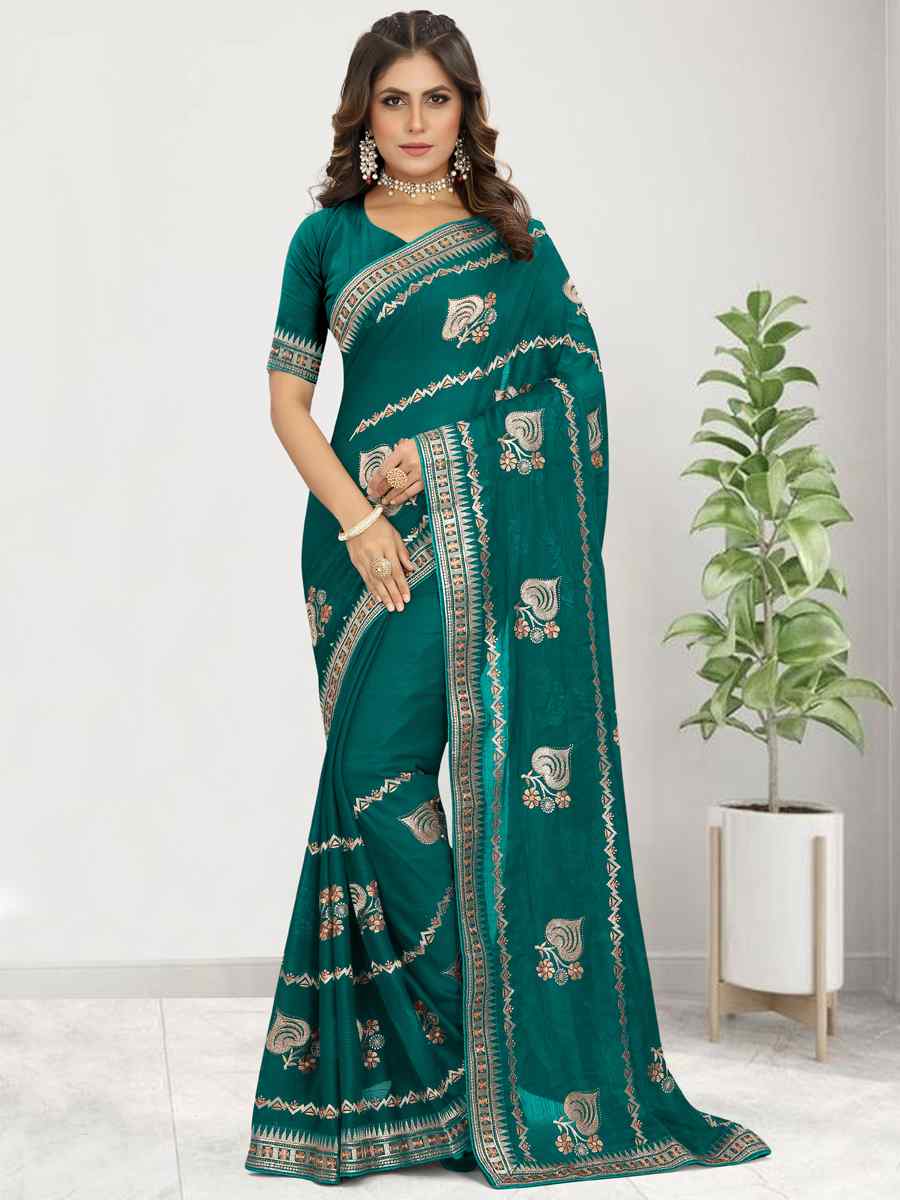 Rama Satin Chiffon Embroidered Wedding Festival Heavy Border Saree