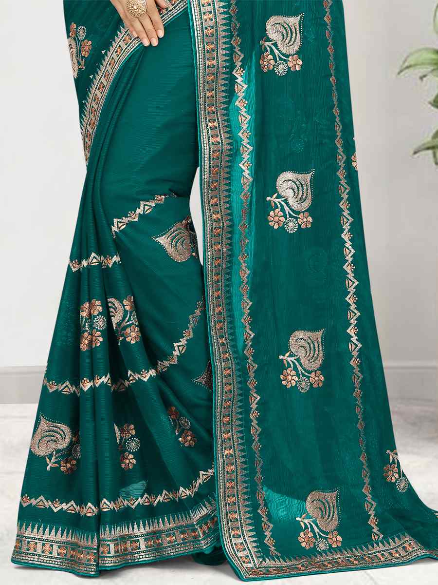 Rama Satin Chiffon Embroidered Wedding Festival Heavy Border Saree