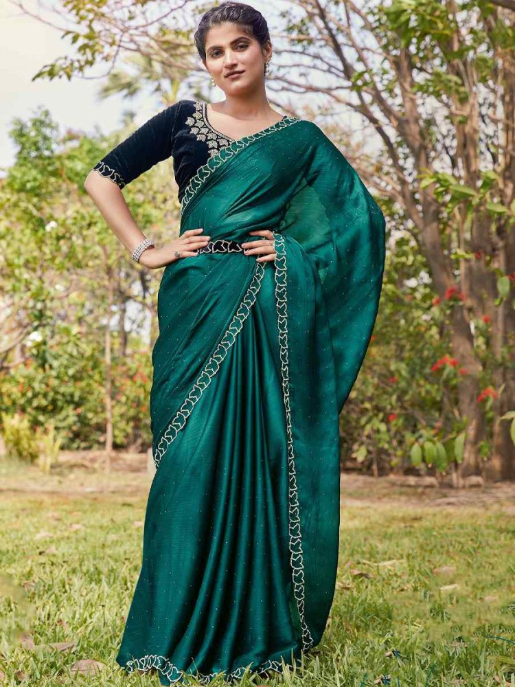 Rama Satin Silk Chiffon Embroidered Reception Party Classic Style Saree