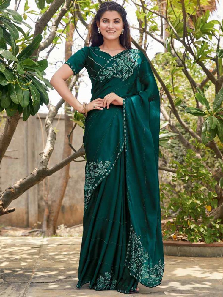 Rama Satin Silk Chiffon Handwoven Reception Party Heavy Border Saree
