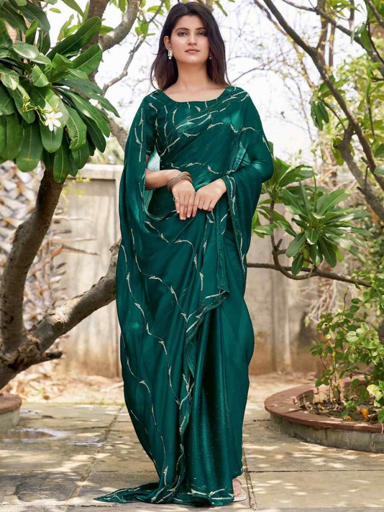 Rama Satin Silk Chiffon Handwoven Reception Party Heavy Border Saree
