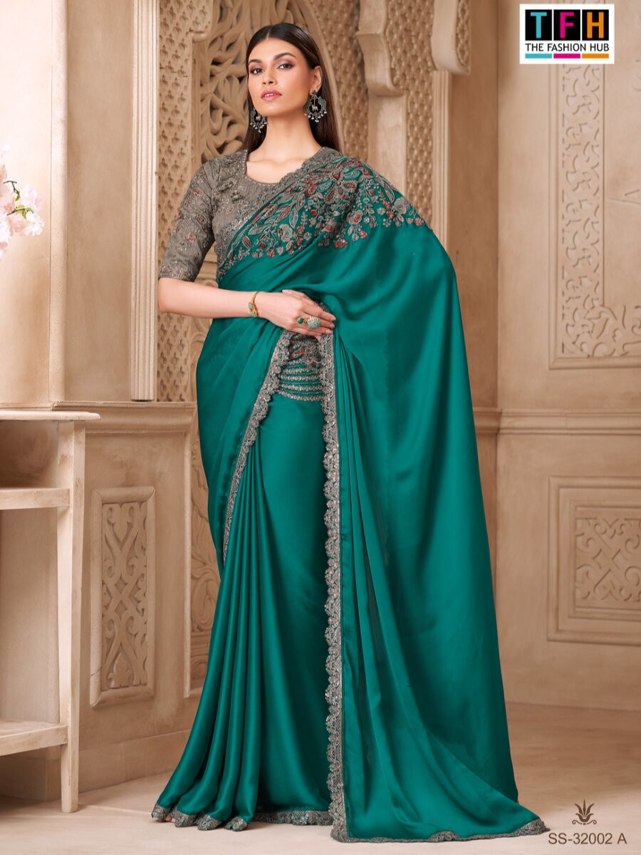 Rama Satin Silk Embroidery Sequins Wedding Reception Party Festival Heavy Border Sarees