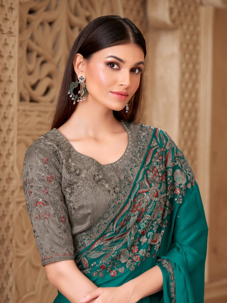 Rama Satin Silk Embroidery Sequins Wedding Reception Party Festival Heavy Border Sarees