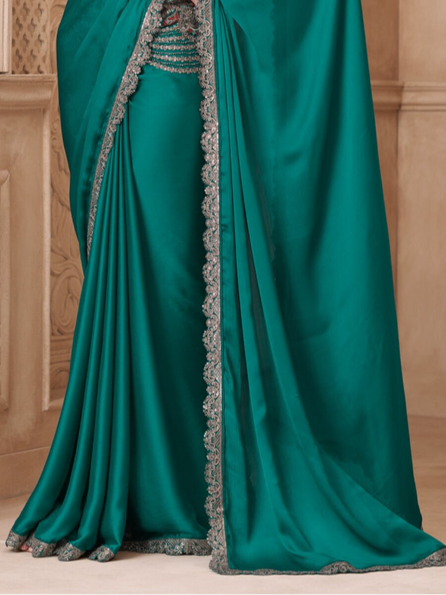 Rama Satin Silk Embroidery Sequins Wedding Reception Party Festival Heavy Border Sarees