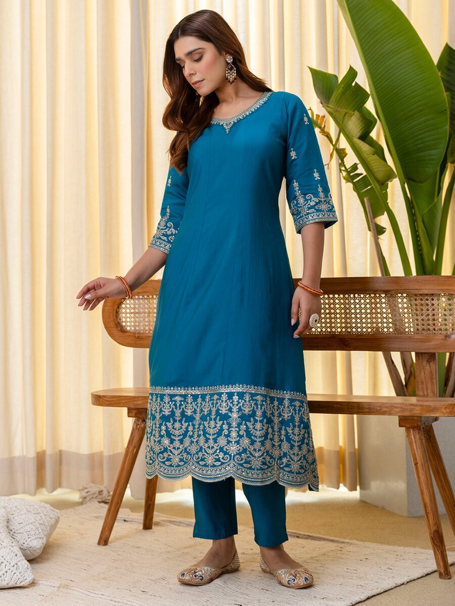 Rama Silk Blend Embroidery Sequins Wedding Festival Casual Party Ready Pant Salwar Kameez
