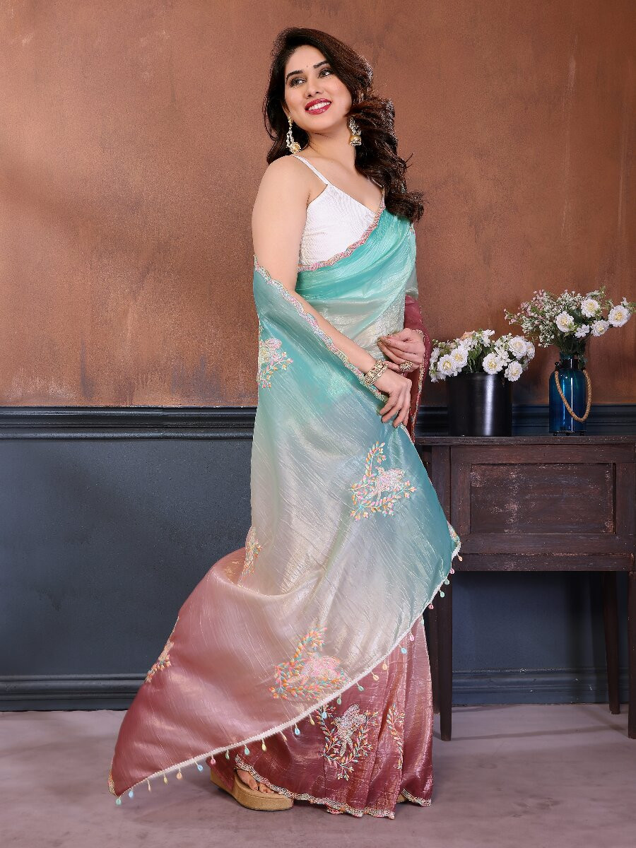 Rama Silk Blend Embroidery Wedding Reception Party Festival Casual Heavy Border Sarees
