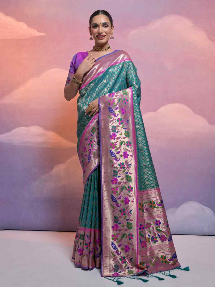 Image of Rama Soft Banarasi Silk Kanjivaram Party Bridal Reception Festival Wedding Fancy Heavy Border Saree