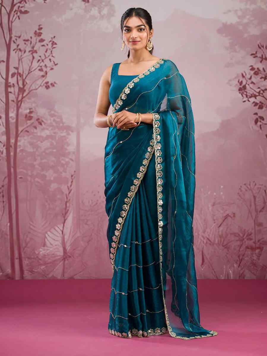 Rama Soft Burberry Silk Embroidered Festival Wedding Fancy Heavy Border Saree