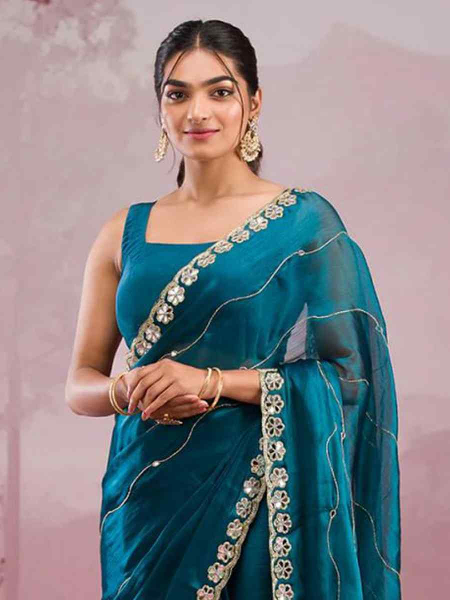 Rama Soft Burberry Silk Embroidered Festival Wedding Fancy Heavy Border Saree